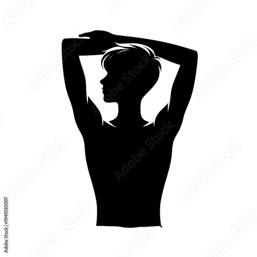 Silhouette person stretching arms upward in minimalist black silhouette