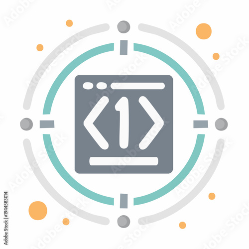 Coding concept graphic of web page window with HTML angle brackets inside targeting digital transformation