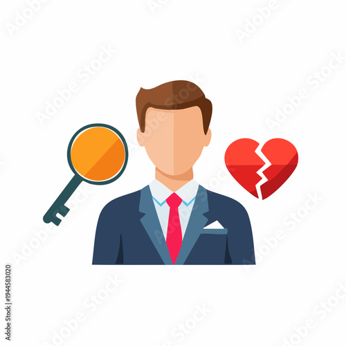 Businessman with key and broken heart, business, relationships, love concept.