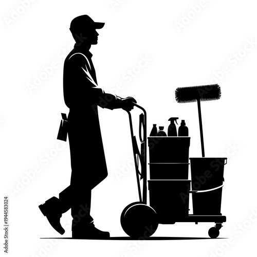 Hotel housekeeper pushing cleaning cart with supplies