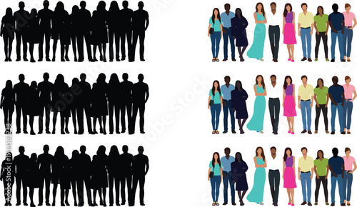 Diverse group of people silhouettes and flat characters standing together, multiracial men and women crowd, isolated vector illustration, community, social gathering