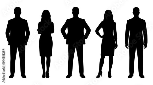 A group of five business professionals standing in a row, depicted as black silhouettes against a clean white background, conveying a sense of unity and professionalism.
