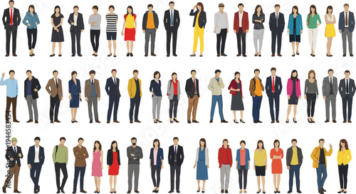 Diverse group of people standing together in rows, professional men and women in casual and formal business outfits, flat character design, isolated on white background.
