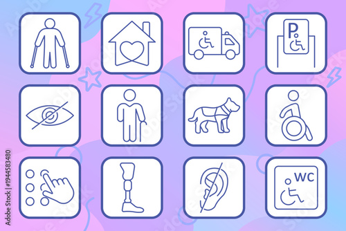 Photography video set icon. Outline tiles, photo prints, USB cable, album, photo stack, light tripod, ring light, megaphone, action camera, focus frame, handheld camera, projector screen