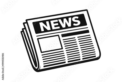 Dynamic black and white vector icon depicting a stack of newspapers with the prominent 'NEWS' masthead, symbolizing daily publications, current events, global information, journalism, media, communica