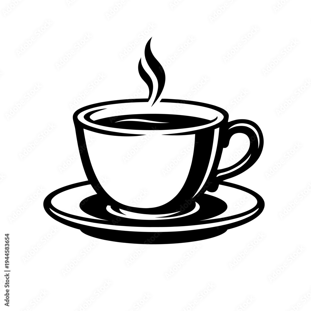 Fototapeta premium Crisp black and white vector art of a steaming hot coffee cup on a saucer. Ideal for cafe branding, coffee shop logos, web icons, digital menus, and beverage marketing. This minimalist graphic embodie