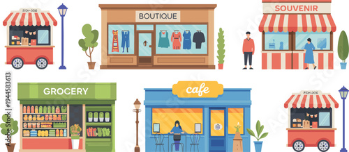 WebSet of flat vector storefronts including boutique grocery cafe souvenir shop and food trucks isolated on white background for city design