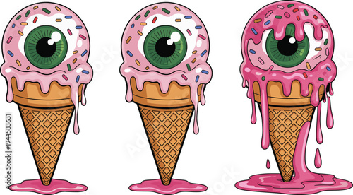 WebSurreal creepy eyeball ice cream cone set with pink frosting sprinkles and melting syrup in psychedelic pop art cartoon style