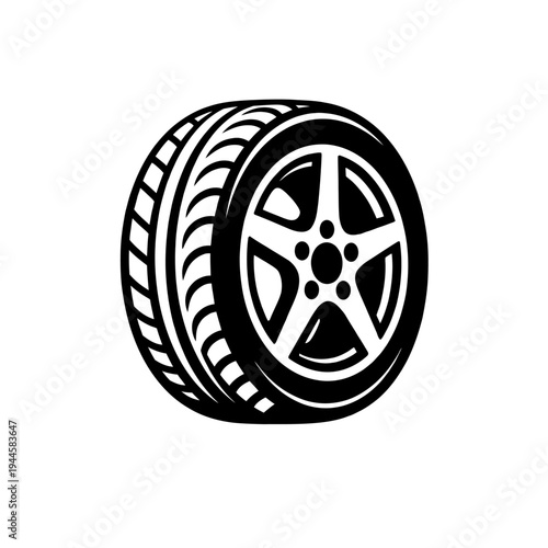 Vector illustration of a modern car tire and alloy wheel with a distinct five-spoke design, perfectly representing automotive transportation, essential vehicle parts, crucial maintenance, and dynamic