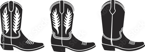 WebVector illustration of cowboy boots silhouettes showing decorative stitching, western footwear, traditional fashion design, leather culture, apparel, style, rustic icon