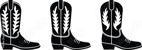WebVector illustration of cowboy boots silhouettes with decorative stitching patterns, western footwear, fashion design, traditional style, leather, culture, apparel, icon