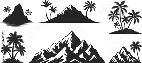 Black and white of tropical islands and snowy mountains with palm trees