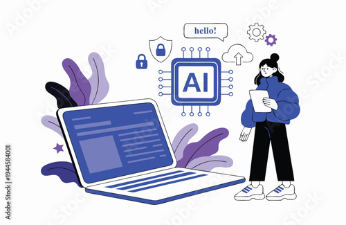 Woman using a laptop with artificial intelligence and security elements