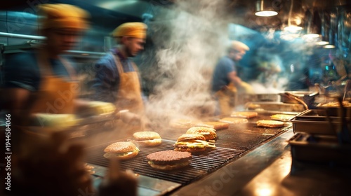 Busy grill station with workers preparing burger orders for the lunch rush in a fast food restaurant kitchen