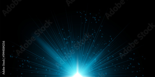Abstract light burst White radiant center emitting numerous thin rays outward across black background, scattered circular particles, soft glow gradient, dramatic illumination, dynamic explosion effect