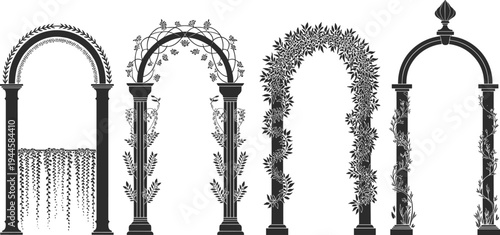 Four ornate black and white archways with floral and vine decorations and different vines decorative