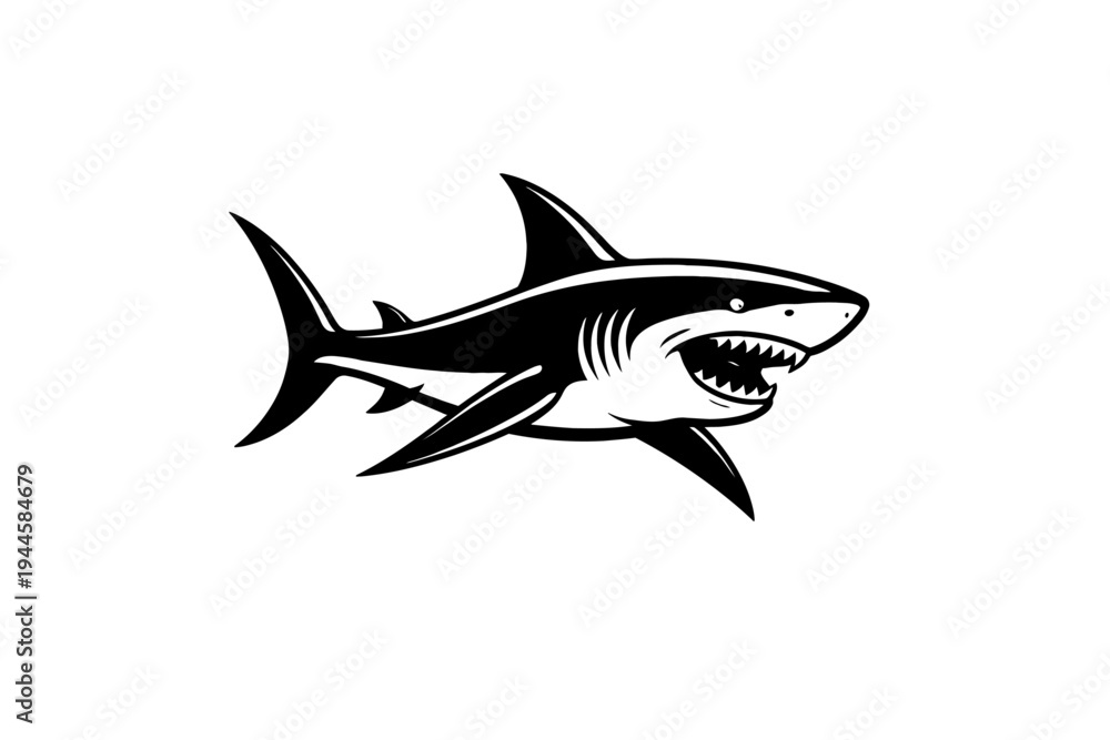 Obraz premium Dynamic black and white vector illustration of a powerful, aggressive great white shark with menacing open jaws and sharp teeth, ideal for intense ocean predator logos, marine mascot designs, fierce w