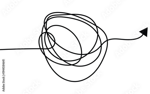 Insane messy way complicated destination vector illustration. Messy tangle, doodle knot as thought from complex to easy solution.