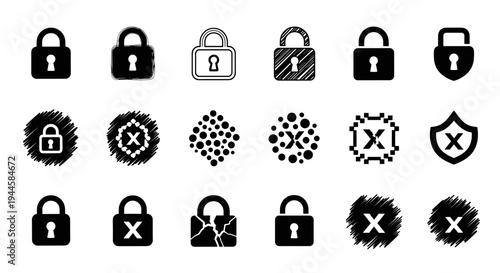 Collection of security icons including locks, shields, and cross marks in various styles