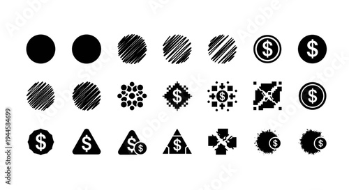 Collection of black icons representing money, finance, and digital currency concepts