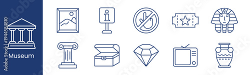 Museum exhibition heritage set icon. Gallery painting information sign silence ticket pharaoh column chest diamond television vase depict culture history artifact.