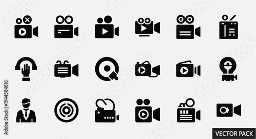 Collection of diverse video camera and filming icons for digital media and production