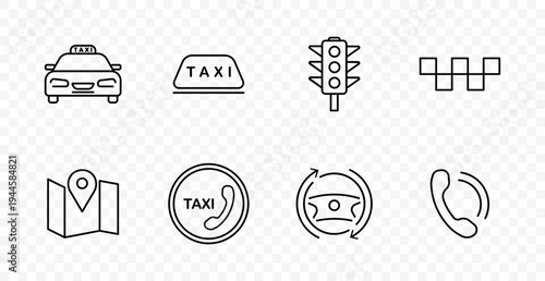 Taxi service set icon. Cab, roof sign, traffic light, route map, call button, steering wheel, phone, transport, urban mobility, travel, city navigation