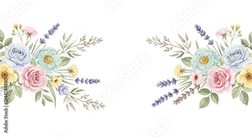 Soft pastel floral border with roses and lavender in watercolor style