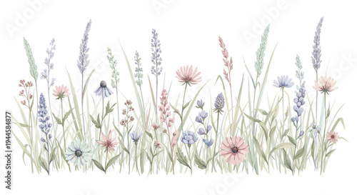Delicate watercolor wildflowers and grasses in a soft pastel meadow scene