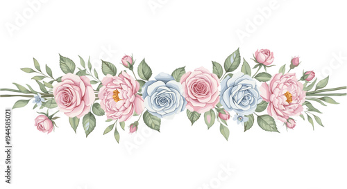 Elegant floral border with pink and blue roses and peonies, delicate greenery and buds