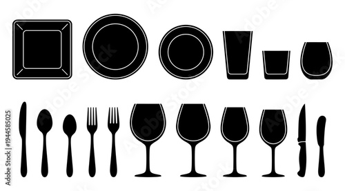 A collection of black silhouettes of various dining utensils, plates, and glasses arranged neatly on a plain white background, ideal for use in restaurant or table setting illustrations.