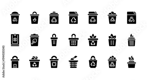 Collection of recycling and waste bin icons for eco-friendly living and sustainability themes