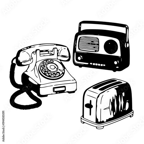 Classic household appliances including a rotary telephone, vintage radio, and retro toaster line art.