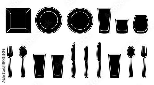 A collection of black tableware silhouettes, including plates, glasses, forks, knives, and spoons, arranged neatly on a plain white background, ideal for culinary or restaurant concepts.