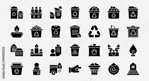 Collection of recycling and eco-friendly icons representing sustainability and waste management