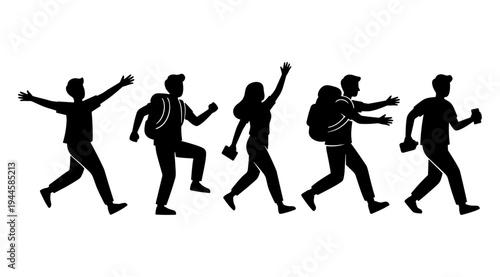 A group of five black silhouettes of people running, jumping, and exercising in different poses on a plain white background, conveying a sense of freedom, joy, and dynamic movement.