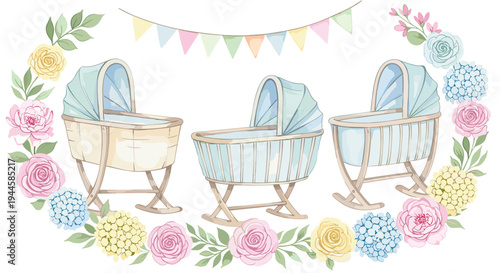 Three watercolor baby bassinets adorned with flowers and bunting, perfect for nursery decor