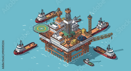 Pixel Art Offshore Oil Rig with Support Vessels, Isometric View