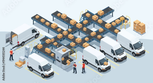 Automated Logistics: Conveyor Belt System with Vans and Parcels