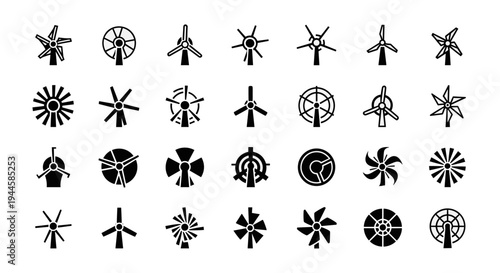 Collection of diverse wind turbine and propeller icons in a clean, modern graphic style