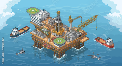Offshore oil rig with helicopters and supply ships, pixel art illustration