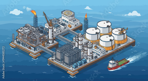 Isometric Pixel Art Oil Rig Platform and Storage Tanks with Ship in Ocean