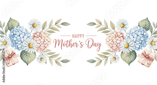 Happy Mother's Day greeting with floral arrangement and gift boxes