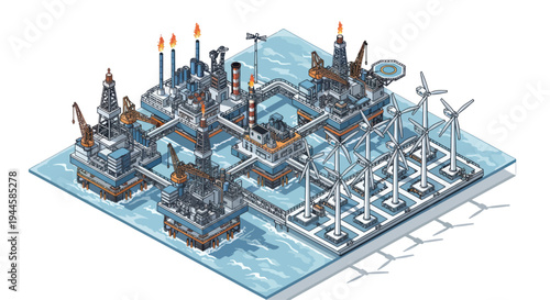 Offshore Oil Rig and Wind Turbines Complex in the Ocean