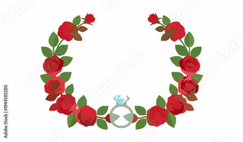 Romantic valentines greeting card frame with red roses and diamond engagement ring vector illustration
