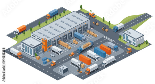 Isometric Logistics Warehouse with Trucks and Loading Docks