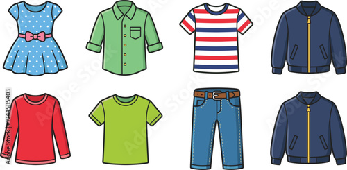 Clothing apparel icon set with dress shirt striped t shirt jacket sweater pants and kids fashion outfit vector illustration
