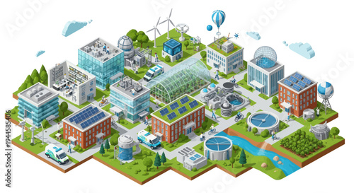 Sustainable Smart City Isometric View: Green Energy, Modern Buildings, Eco-Friendly Urban Landscape
