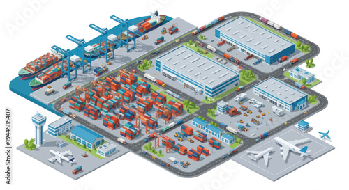 Isometric Logistics Hub: Port, Warehouse, Airport, Containers, Ships, Planes, Trucks