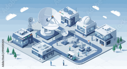 Isometric Digital Technology Hub with Satellite Dishes and Modern Buildings